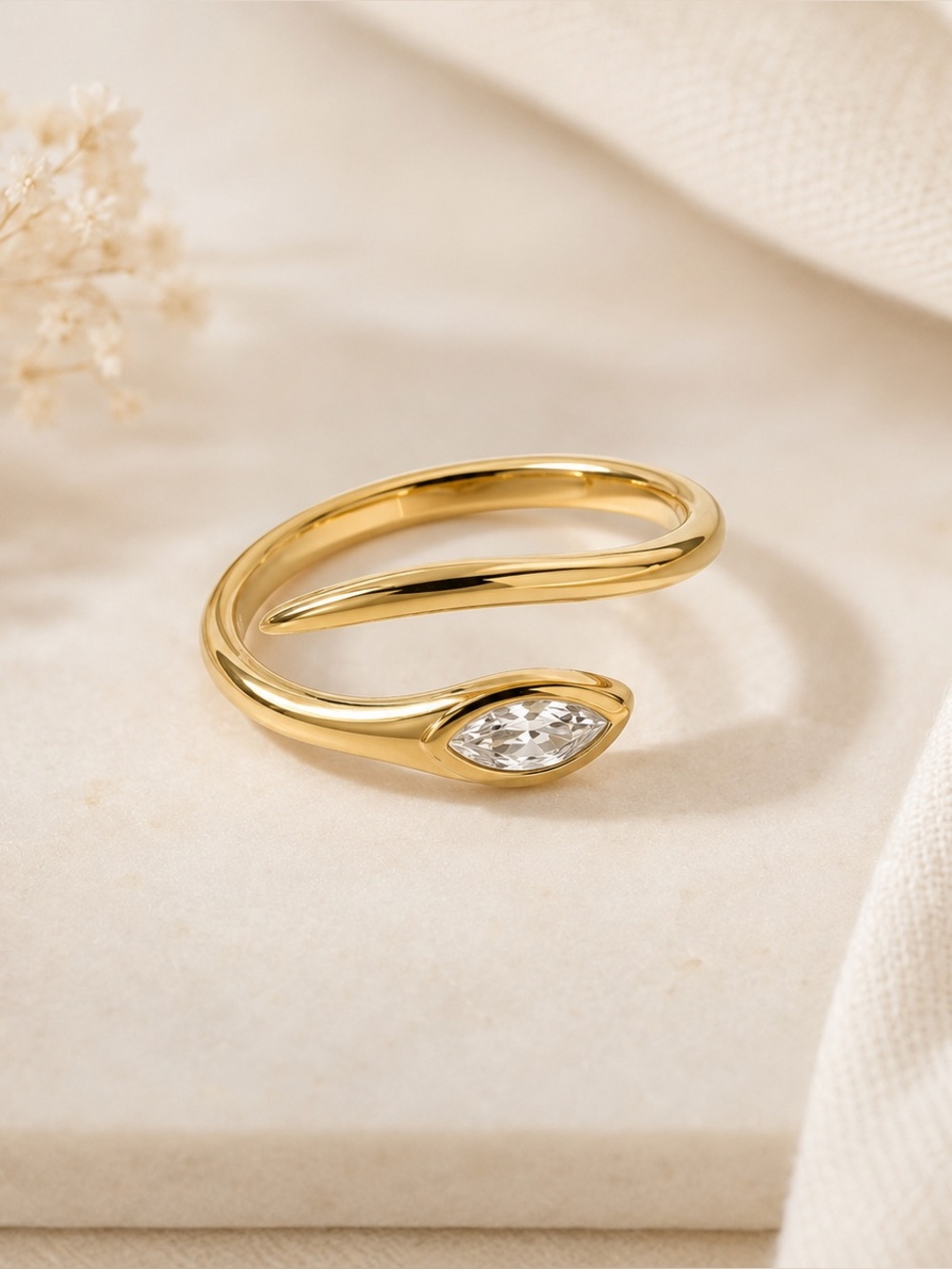 Gold Dipped Stainless Steel Spiral CZ Marquise Stone Ring